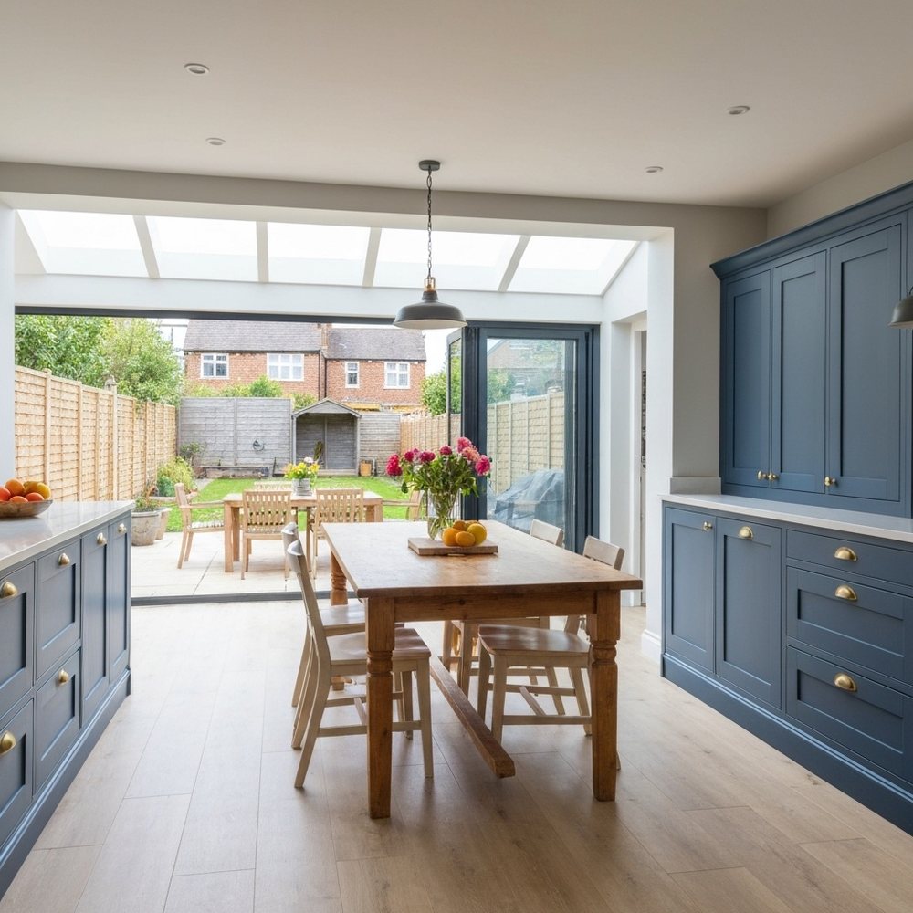 Blue shaker kitchen diner with skylights and doors to the garden